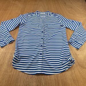 Calvin Klein Striped Blouse Womens Small Blue White Spring Roll Tab
